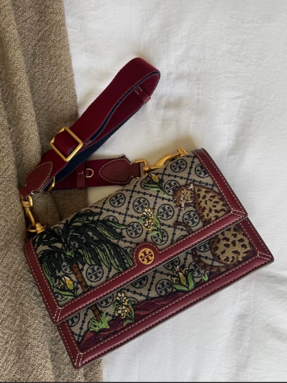 Tory Burch (limited edition) T monogram Burgundy Embroidered Shoulder Bag